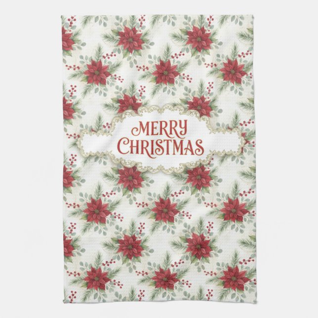 Watercolor Poinsettia Merry Christmas Geschirrtuch (Vertikal)