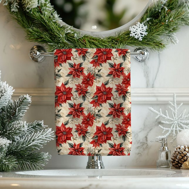 Watercolor Poinsettia Tablecloth Rustic Christmas Badhandtuch Set (Watercolor Poinsettia Tablecloth Rustic Christmas)