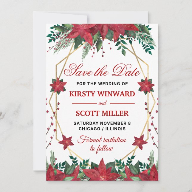 Watercolor Poinsettia Wedding Save the Date Einladung (Vorderseite)