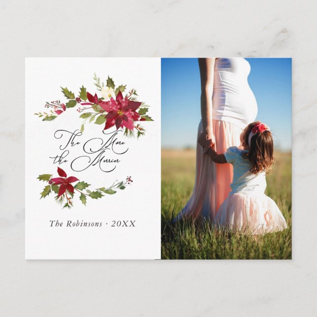 Watercolor Poinsettia Weihnachten erwartet Baby Ankündigungspostkarte (Vorderseite)