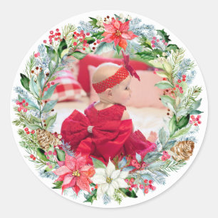 Watercolor Poinsettia Weihnachtskranz-Foto Runder Aufkleber