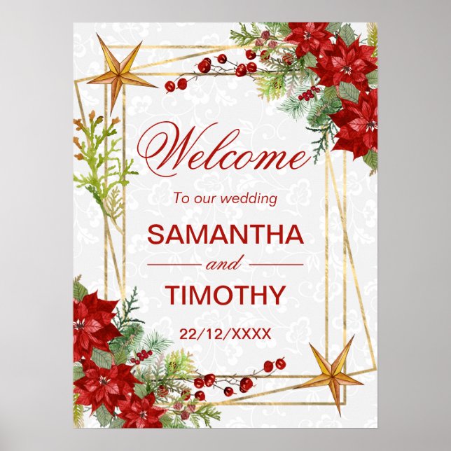Watercolor Poinsettia Winter Wedding Willkommen Poster (Vorne)