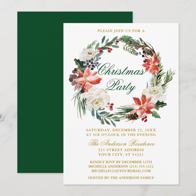 Watercolor Poinsettia Wreath Green Christmas Party Einladung (Vorne/Hinten)