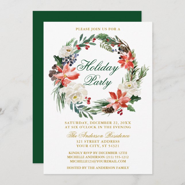 Watercolor Poinsettia Wreath Green Holiday Party Einladung (Vorne/Hinten)