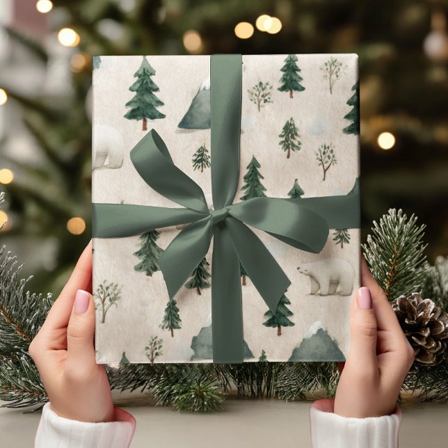 Watercolor Polar Bear & Pine Tree Geschenkpapier (Von Creator hochgeladen)