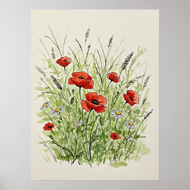 Watercolor Poppies & Daisies Print Art Poster (Vorne)