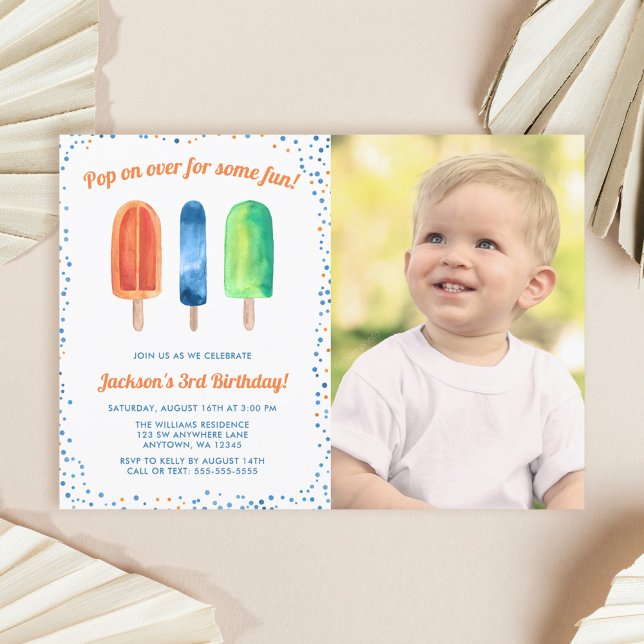 Watercolor Popsiary Boy Birthday Party Foto Einladung (Von Creator hochgeladen)