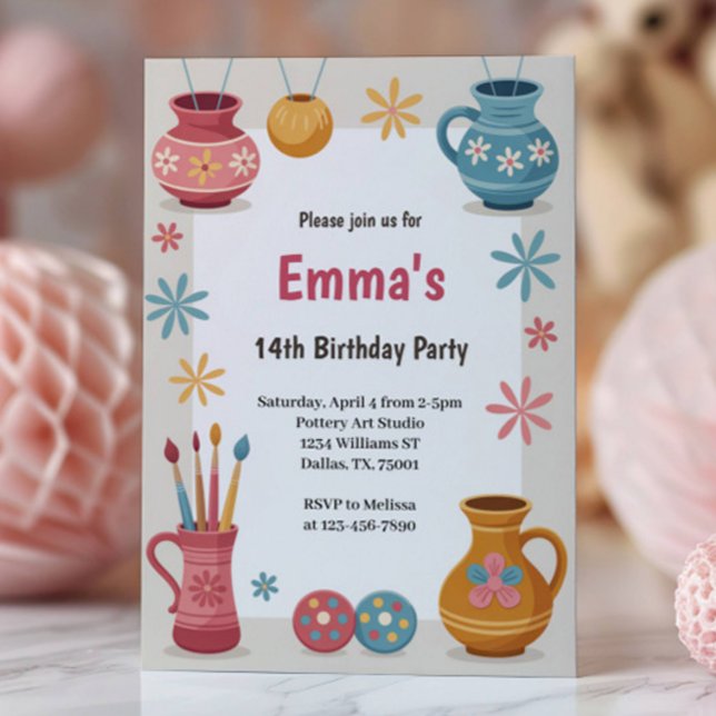 Watercolor Pottery Painting Birthday Party Einladung (Von Creator hochgeladen)