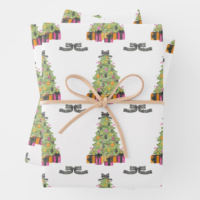 Watercolor Preppy Bright Glamour Christmas Trees Geschenkpapier Set (Beispiel)