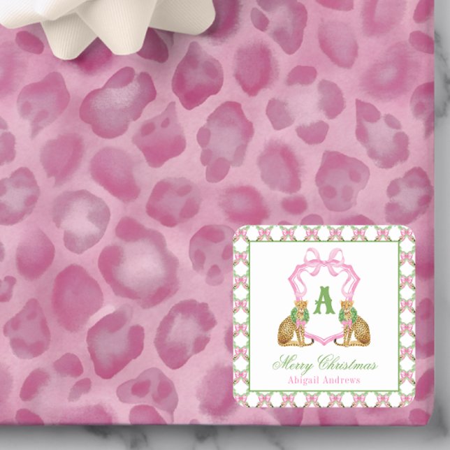 Watercolor Preppy Leopard Christmas Monogram Crest Quadratischer Aufkleber (Von Creator hochgeladen)