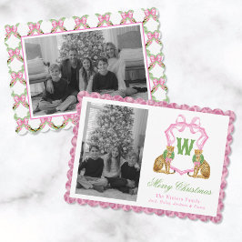 Watercolor Preppy Leopard Monogram Crest Photo Feiertagskarte