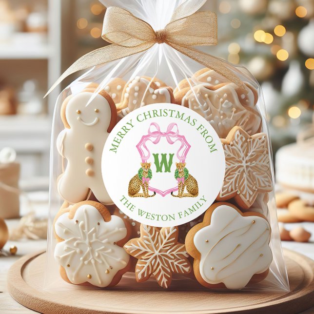 Watercolor Preppy Leopard Monogram Crest Runder Aufkleber (Von Creator hochgeladen)