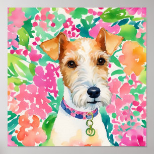 Watercolor Preppy Palm Beach Fox Terrier Dog Poster