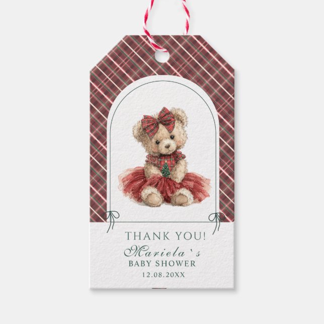  Watercolor preppy plaid teddy bear baby shower Geschenkanhänger (Vorderseite)
