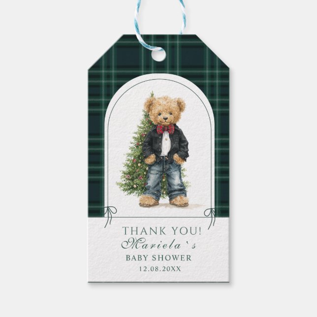  Watercolor preppy plaid teddy bear baby shower Geschenkanhänger (Vorderseite)