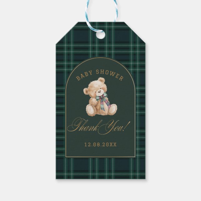  Watercolor preppy plaid teddy bear baby shower Geschenkanhänger (Vorderseite)