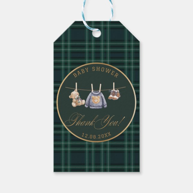  Watercolor preppy plaid teddy bear baby shower Geschenkanhänger (Vorderseite)