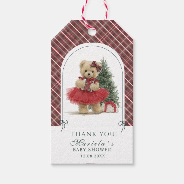  Watercolor preppy plaid teddy bear baby shower Geschenkanhänger (Vorderseite)