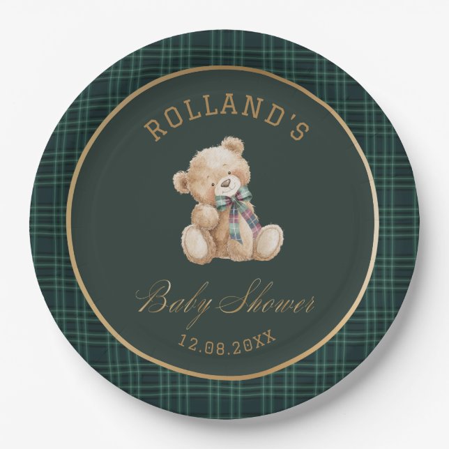  Watercolor preppy plaid teddy bear baby shower Pappteller (Vorderseite)