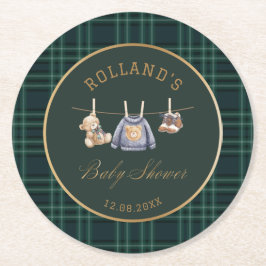 Watercolor preppy plaid teddy bear baby shower Runder Pappuntersetzer