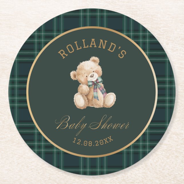  Watercolor preppy plaid teddy bear baby shower Runder Pappuntersetzer (Vorderseite)