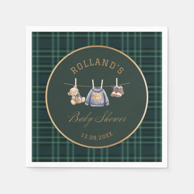  Watercolor preppy plaid teddy bear baby shower Serviette (Vorderseite)
