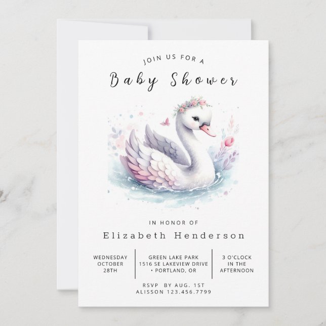 Watercolor Printable Swan Baby Dusche Einladung (Vorderseite)