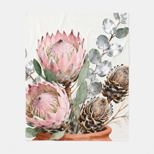 Watercolor Protea Eucalyptus Arrangement Fleecedecke (Vorderseite)