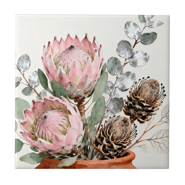 Watercolor Protea Eucalyptus Arrangement Fliese (Vorderseite)