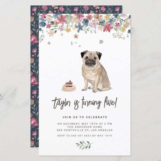 Watercolor Pug Dog Birthday Party Invitation (Vorne/Hinten)