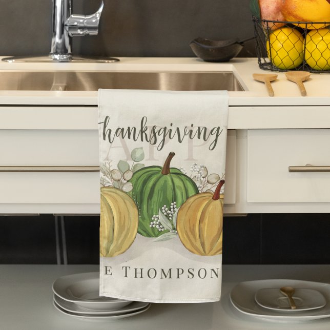 Watercolor Pumpkin Happy Thanksgiving Custom Geschirrtuch (Fall Happy Thanksgiving gourds custom kitchen towel)