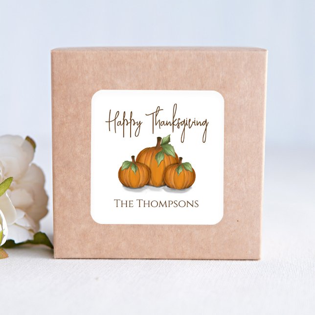 Watercolor Pumpkins Happy Thanksgiving Custom Quadratischer Aufkleber (Happy Thanksgiving Orange Pumpkins Party Favor Sticker.)