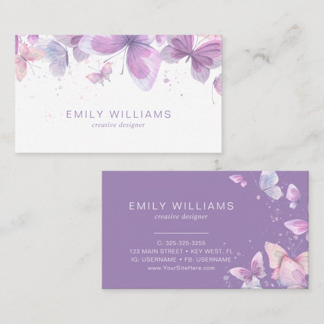 Watercolor Purple Butterflies Business Card Visitenkarte (Vorne/Hinten)
