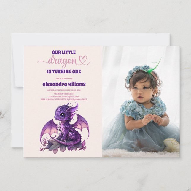 Watercolor Purple Dragon 1st Birthday Photo Einladung (Vorderseite)