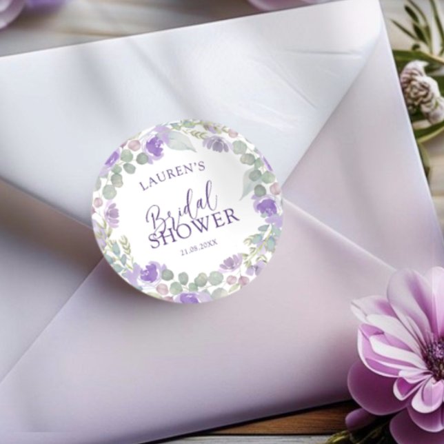 Watercolor Purple Floral Bridal Shower Runder Aufkleber (Von Creator hochgeladen)