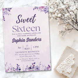 Watercolor Purple Flowers Sweet Sixteen Einladung