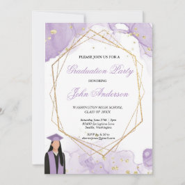 Watercolor Purple Gold Marble Graduation Party Einladung