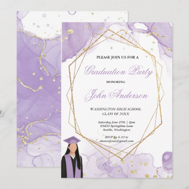 Watercolor Purple Gold Marble Graduation Party  Einladung (Vorne/Hinten)
