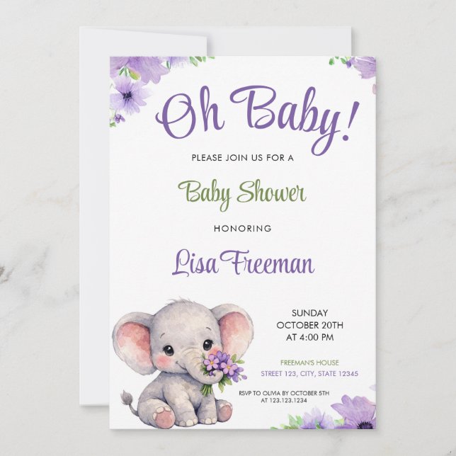 Watercolor Purple & Green Elephant Baby Shower Einladung (Vorderseite)