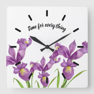 Watercolor Purple Iris Botanical Floral Art Quadratische Wanduhr