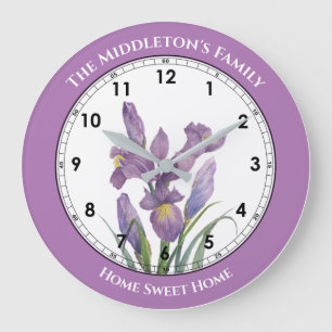 Watercolor Purple Iris Botanical Floral Painting Große Wanduhr