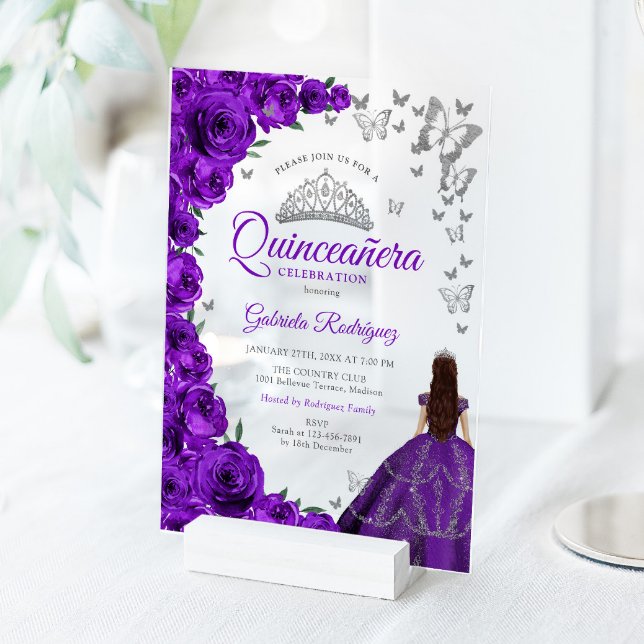 Watercolor Purple Roses Silver Quinceanera Acryleinladungen (Von Creator hochgeladen)