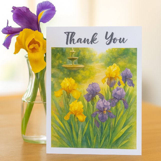 Watercolor Purple & Yellow Irises  Birthday Party  Dankeskarte (Watercolor yellow and purple irises / Garden image thank you card for her )