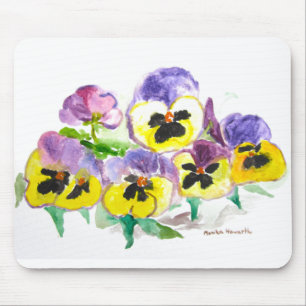 Watercolor Purple Yellow Pansies Floral Rustic Mousepad