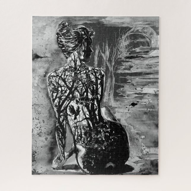 Watercolor Puzzle Nature Lady Black and White (Vertikal)