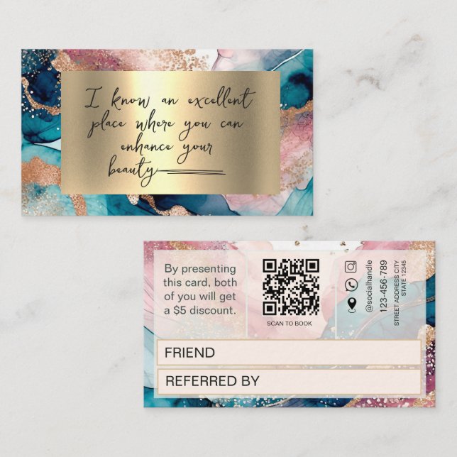 Watercolor Qr Code faux gold Blush Referral Card (Vorne/Hinten)