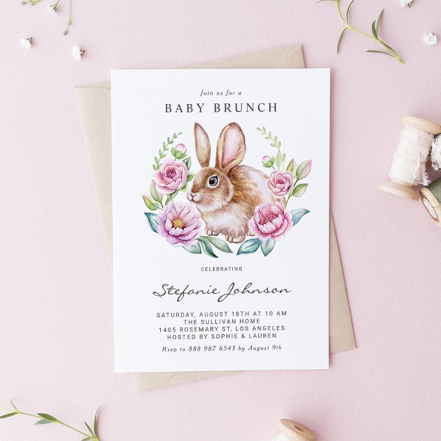 Watercolor Rabbit and Pink Flowers Baby Brunch Einladungspostkarte (Customizable baby brunch invitation postcard featuring a watercolor rabbit with pink floral wreath. )