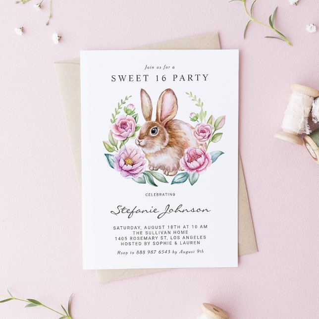 Watercolor Rabbit and Pink Flowers Sweet 16 Party Einladungspostkarte (Adorable watercolor rabbit sweet 16 invitation, featuring a beautiful pink and lilac floral wreath.)