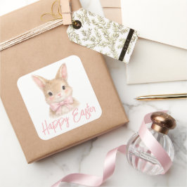 Watercolor Rabbit with Pink Bow| Cute Easter Bunny Quadratischer Aufkleber