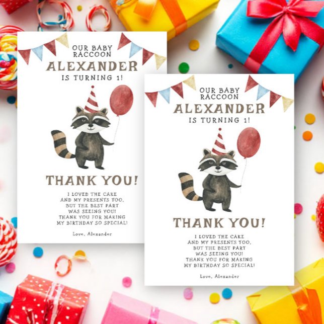 Watercolor Raccoon 1st Birthday  Dankeskarte (Von Creator hochgeladen)